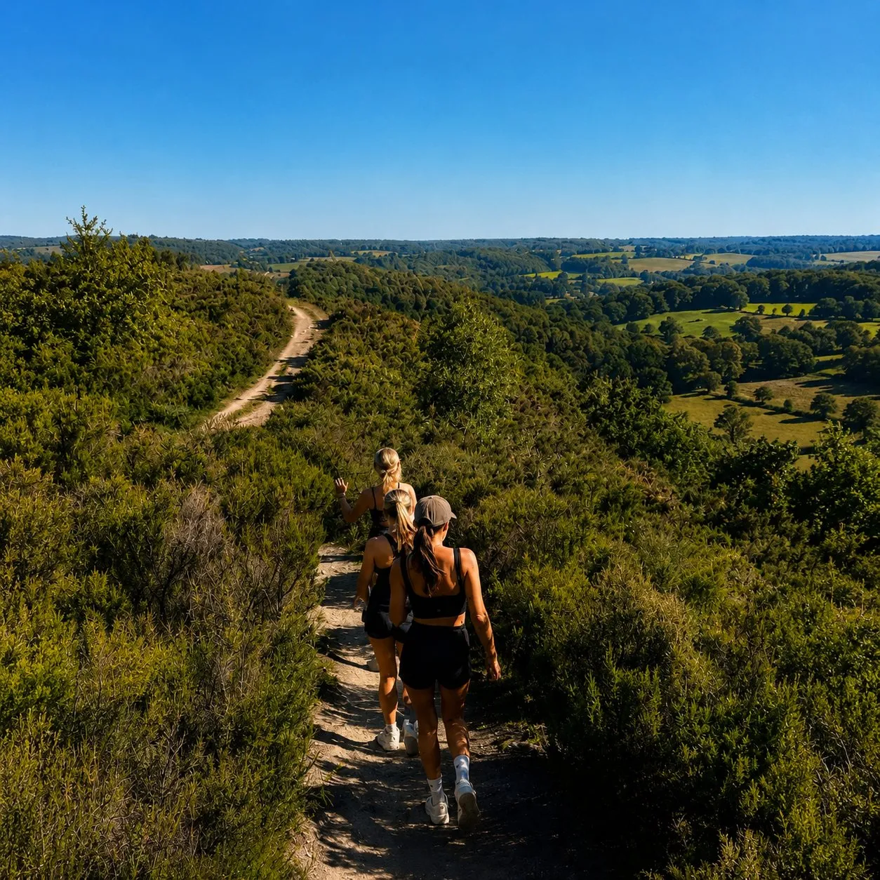 Trois femmes en tenue de sport marchant en file sur un sentier de crête, vallée verdoyante en contrebas