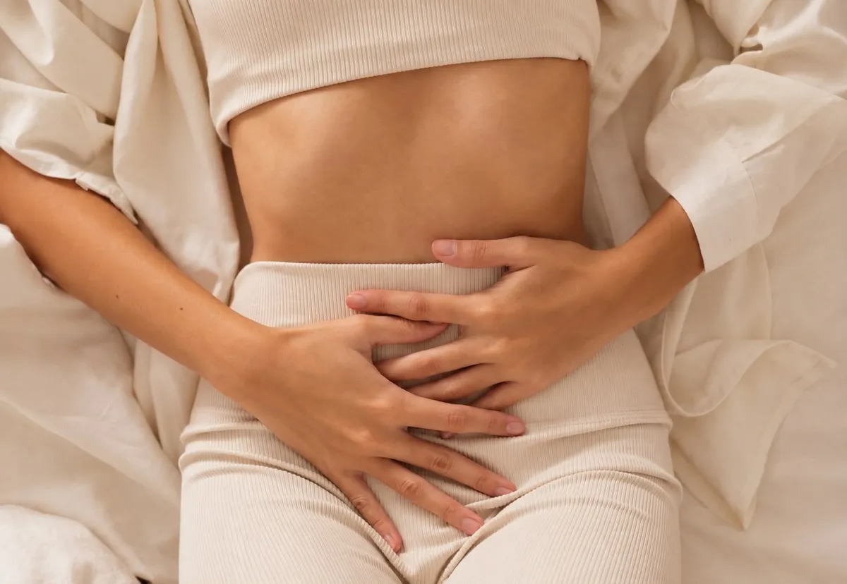 Allongée sur des draps de lin, une femme en ensemble côtelé écru pose les deux mains sur le bas-ventre.