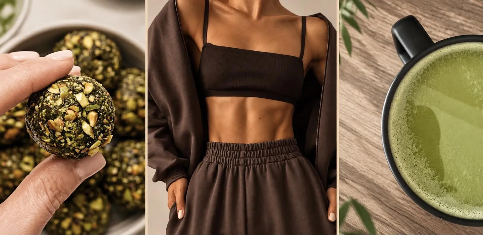 Triptyque : une main tient une boule d'énergie aux pistaches, un buste en tenue de sport brune, un bol de matcha vu de dessus.
