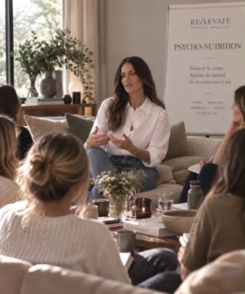 Jennifer anime un cercle de parole assise dans un salon, face à un petit groupe de femmes, devant un panneau « RE/LEVATE ».